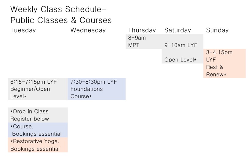 Public classes weekly timetable Ruth Bailey Yoga